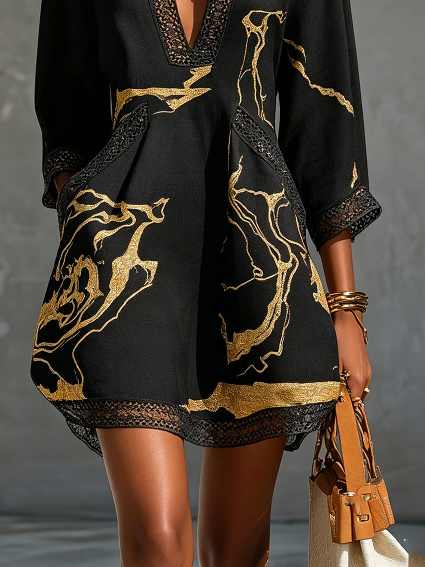 Alexia - Vestido Midi Estampado Mármol Dorado con Escote en V y Crochet