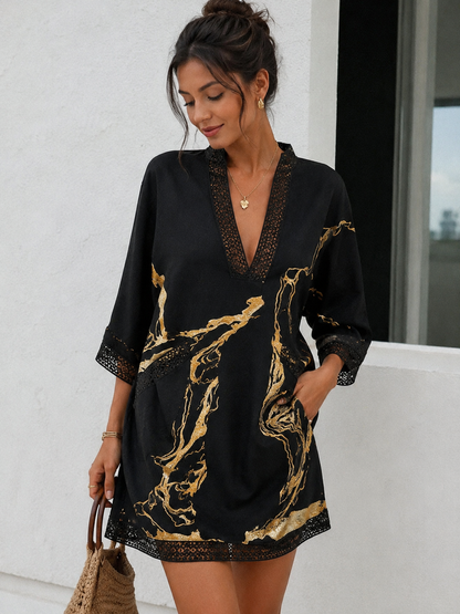 Alexia - Vestido Midi Estampado Mármol Dorado con Escote en V y Crochet