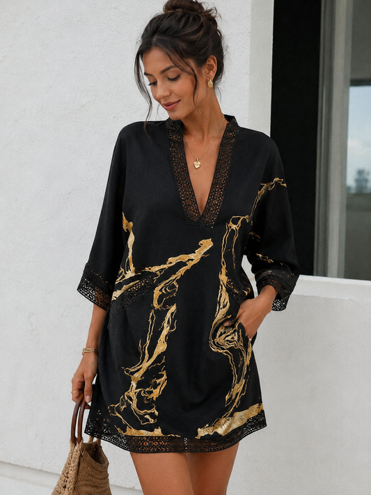 Alexia - Vestido Midi Estampado Mármol Dorado con Escote en V y Crochet