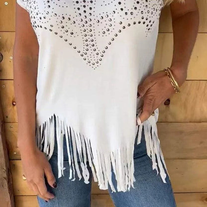 Mara - Camiseta con detalle brillante y flecos