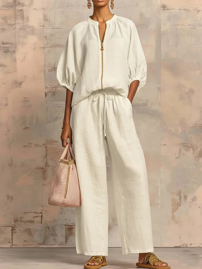 Alba | Conjunto de dos piezas en lino y algodón: Camisa de estilo relajado y pantalón de pernera ancha