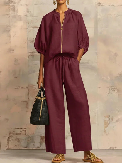 Alba | Conjunto de dos piezas en lino y algodón: Camisa de estilo relajado y pantalón de pernera ancha
