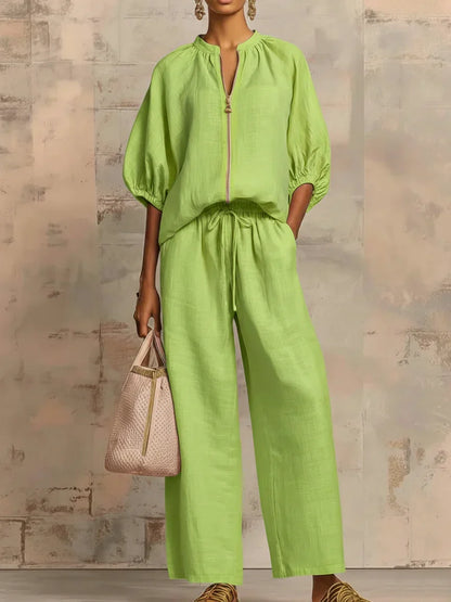 Alba | Conjunto de dos piezas en lino y algodón: Camisa de estilo relajado y pantalón de pernera ancha