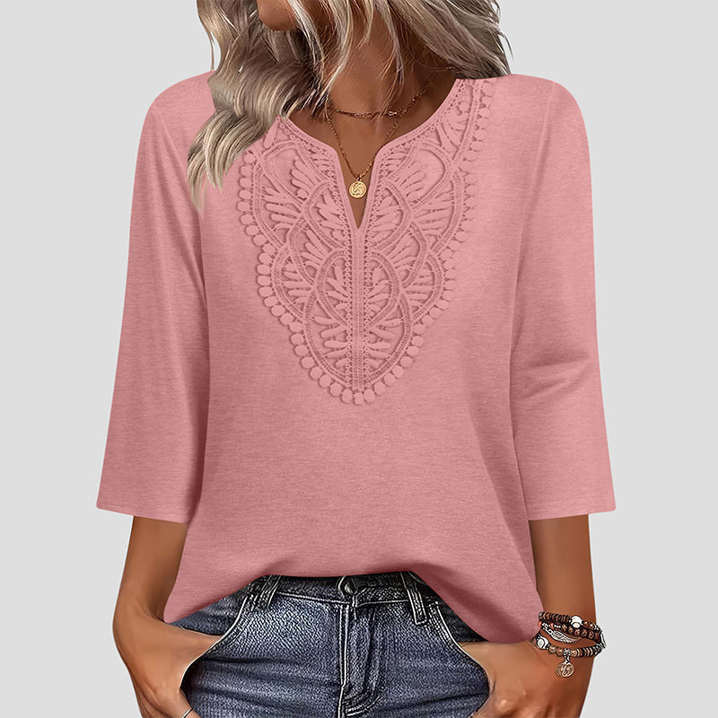 Laura - Blusa Tipo Túnica con Escote en V y Ribete de Encaje