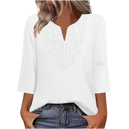 Laura - Blusa Tipo Túnica con Escote en V y Ribete de Encaje