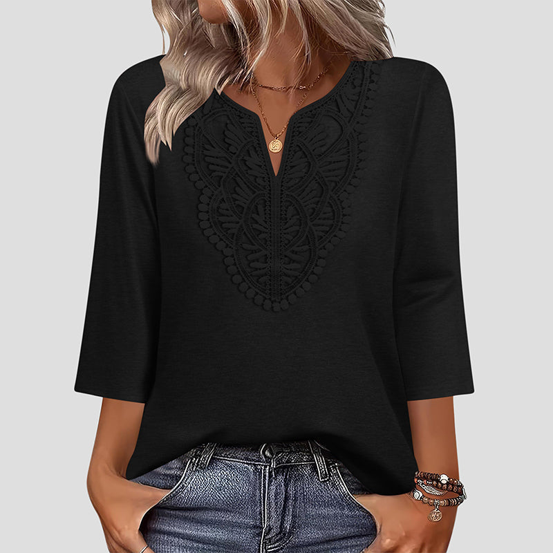 Laura - Blusa Tipo Túnica con Escote en V y Ribete de Encaje