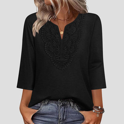 Laura - Blusa Tipo Túnica con Escote en V y Ribete de Encaje