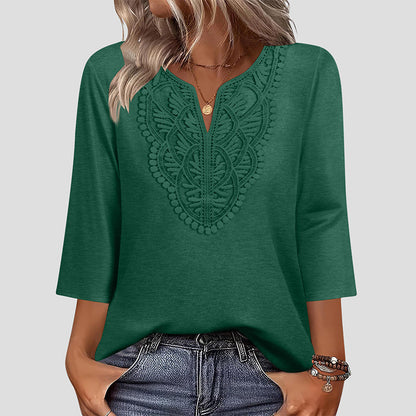 Laura - Blusa Tipo Túnica con Escote en V y Ribete de Encaje