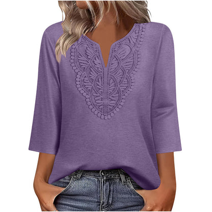 Laura - Blusa Tipo Túnica con Escote en V y Ribete de Encaje
