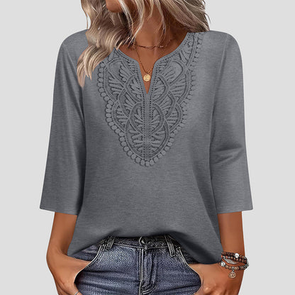 Laura - Blusa Tipo Túnica con Escote en V y Ribete de Encaje
